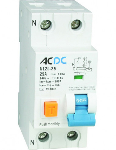 25A 30mA 2P DIN RCD WITH OVERLOAD